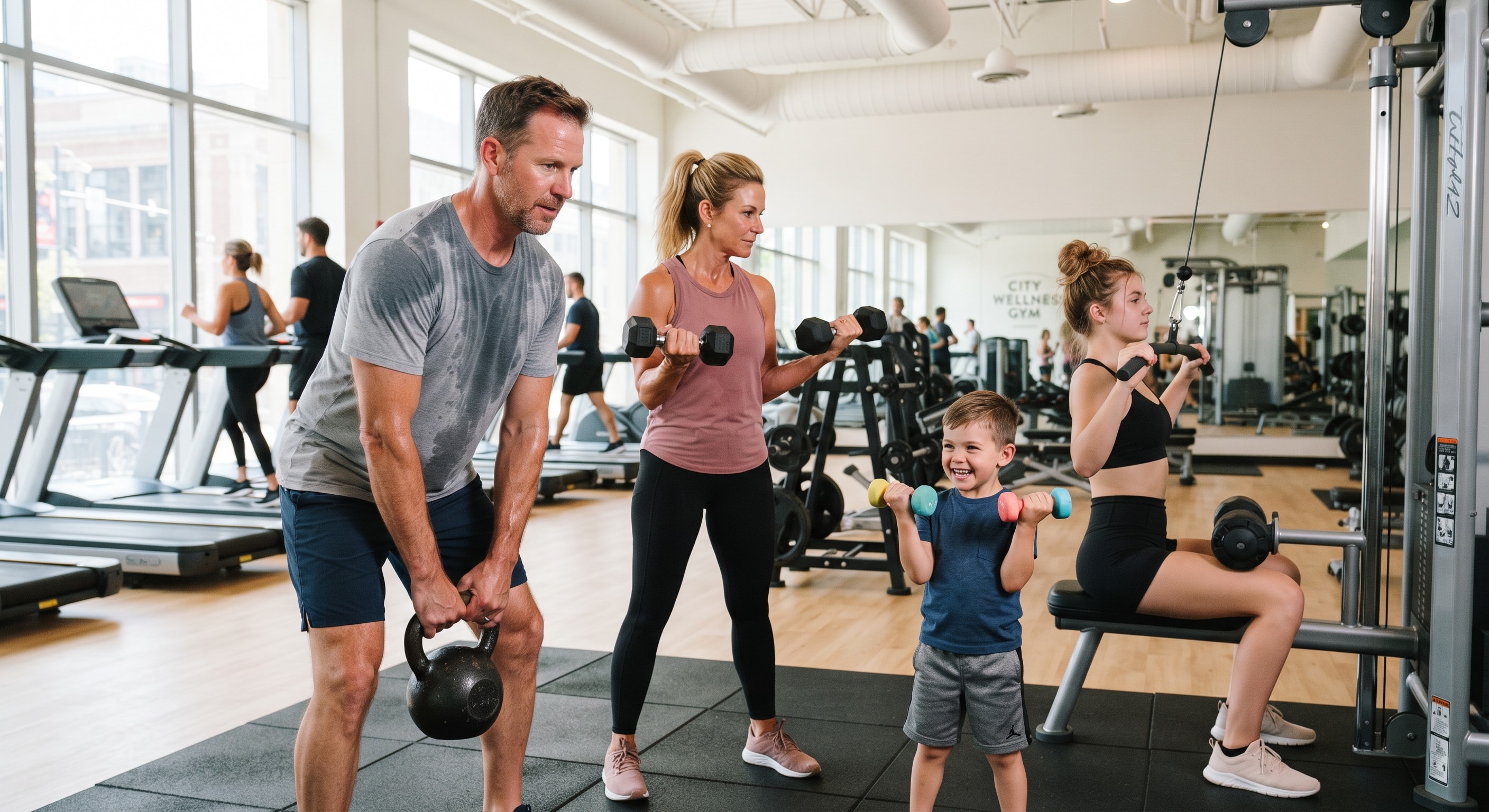 Family working out together in Miami gym